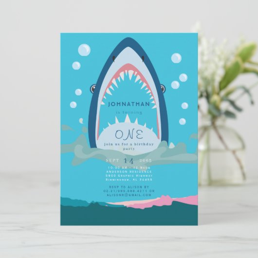 Uitnodiging Shark Bite Birthday Party (Staand voorkant)