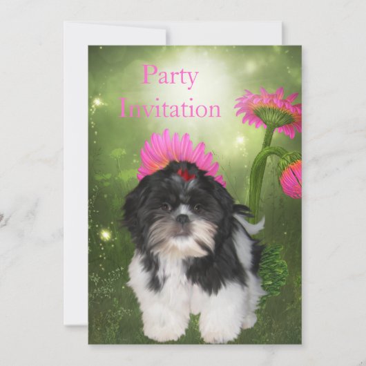 Uitnodiging Shih Tzu Dog en Flowers (Voorkant)