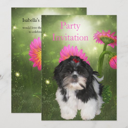 Uitnodiging Shih Tzu Dog en Flowers (Voorkant / Achterkant)