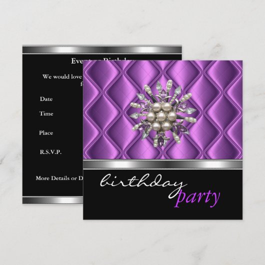Uitnodiging Silver Mauve Paars Crystal Jewel Black (Voorkant / Achterkant)