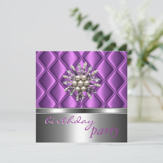 Uitnodiging Silver Mauve Paarse Crystal Jewel (Staand voorkant)