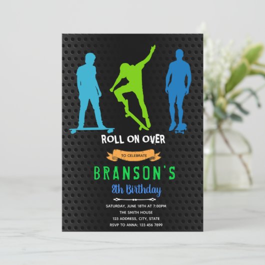 Uitnodiging skateboard feestje jongen (Staand voorkant)