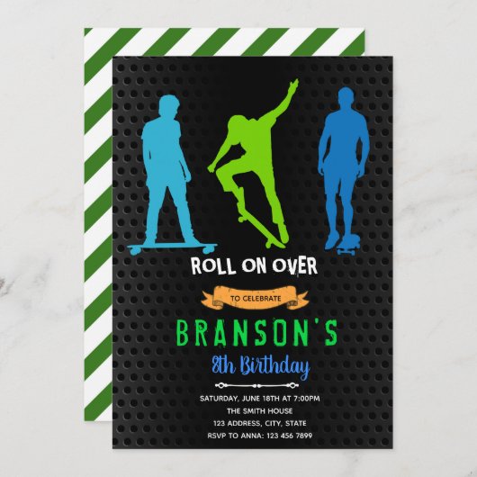 Uitnodiging skateboard feestje jongen (Voorkant / Achterkant)