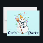 Uitnodiging sneeuwman vieren - Blank Inside<br><div class="desc">Gelukkige sneeuwman viert feest met confetti die om hem heen zweeft.</div>