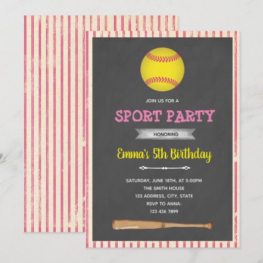 Uitnodiging softbal honkbal thema feest (Voorkant / Achterkant)