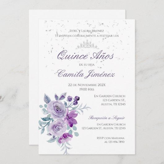 Uitnodiging Spaans Quinceanera paarse bloemen invi (Voorkant / Achterkant)