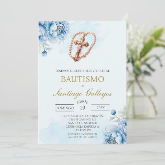 Uitnodiging Spaanse doop met crucifix (Staand voorkant)