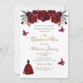 Uitnodiging Spaanse Quinceanera rode bloemenuitnod (Voorkant)