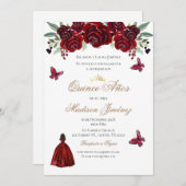 Uitnodiging Spaanse Quinceanera rode bloemenuitnod (Voorkant / Achterkant)