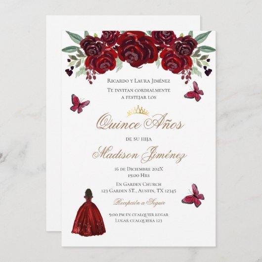 Uitnodiging Spaanse Quinceanera rode bloemenuitnod (Voorkant / Achterkant)
