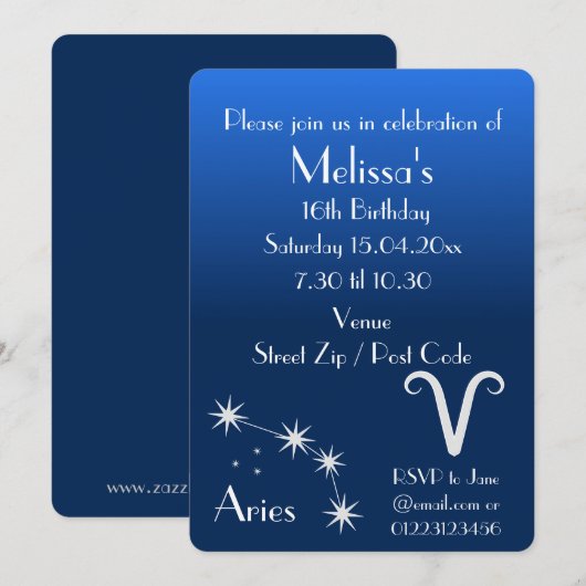 Uitnodiging speciale Aries Zodiac Galaxy Party (Voorkant / Achterkant)