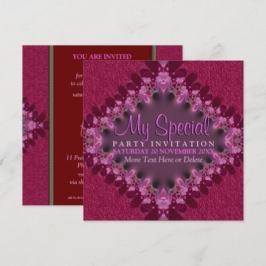 Uitnodiging speciale evenementenpartij roze Girly  (Voorkant / Achterkant)