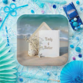 Uitnodiging strand in zand met zeesterren papieren bordje (Feest)