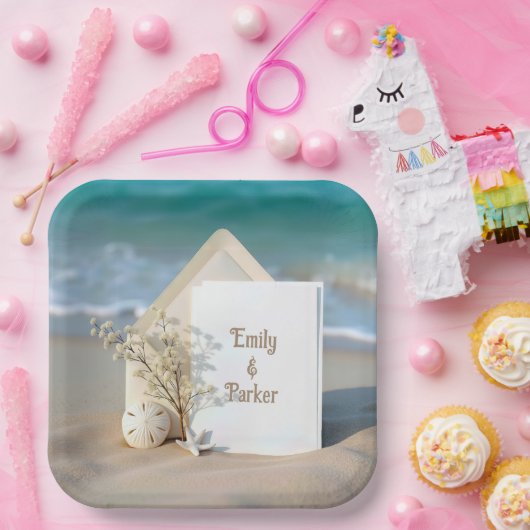 Uitnodiging strand in zand met zeesterren papieren bordje (Feest)