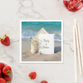 Uitnodiging strand in zand met zeesterren servet (Insitu)