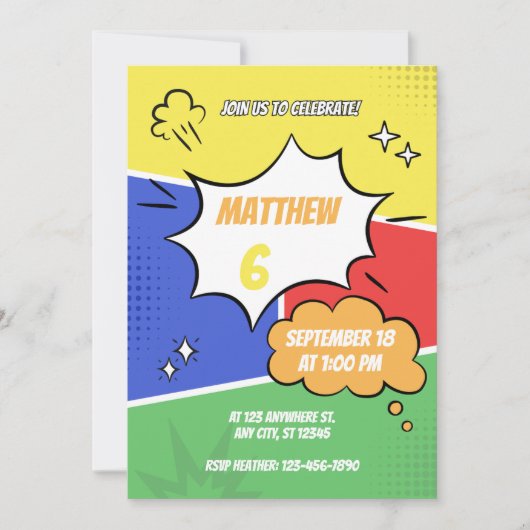 Uitnodiging - Stripboek Stijl - Pas Naam Leeftijd  (Voorkant)