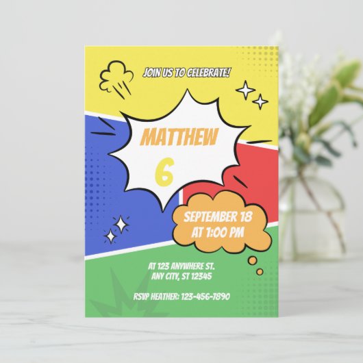 Uitnodiging - Stripboekstijl - Pas naam leeftijd a (Staand voorkant)