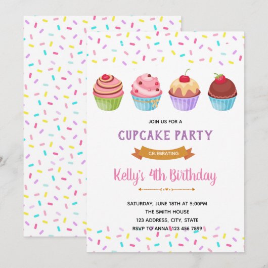 Uitnodiging strooifeestje cupcakes (Voorkant / Achterkant)