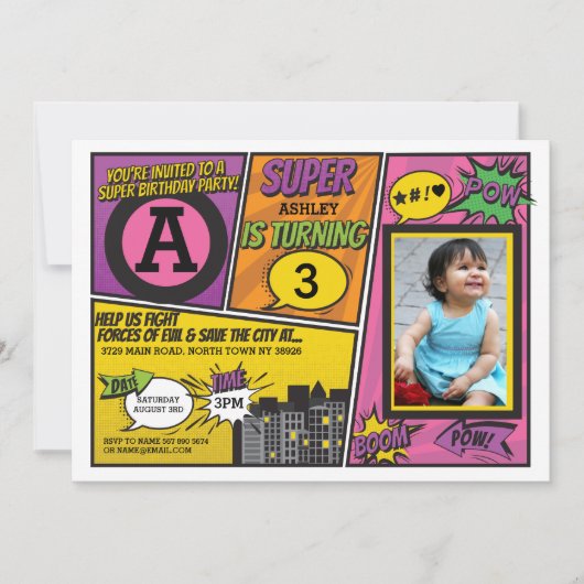 Uitnodiging Superheld Roze Meisje Super Held Uitno (Voorkant)
