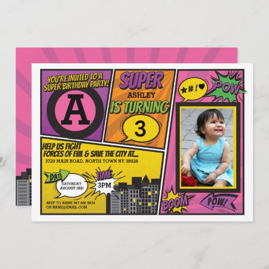 Uitnodiging Superheld Roze Meisje Super Held Uitno (Voorkant / Achterkant)