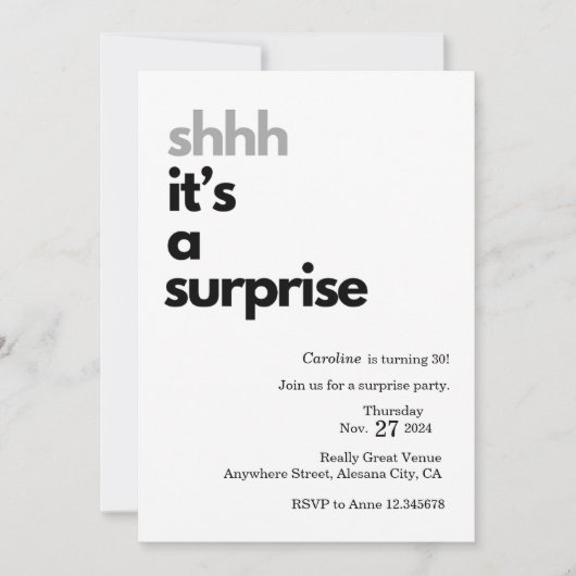 Uitnodiging Surprise Party Template Minimalistisch (Voorkant)
