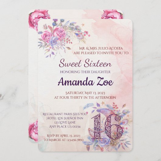 Uitnodiging Sweet 16 (Voorkant / Achterkant)