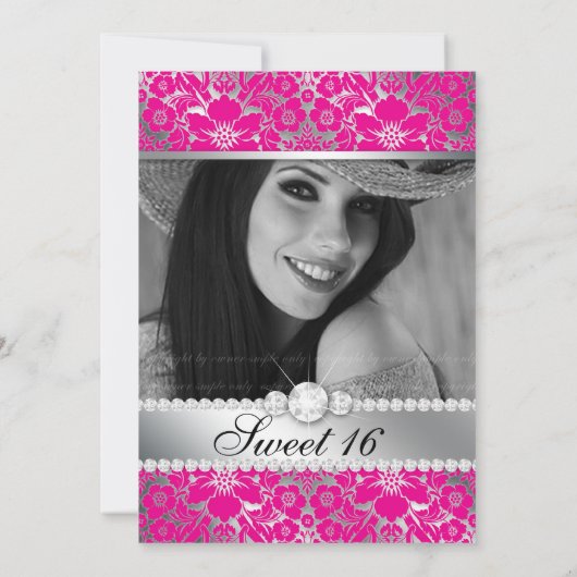 Uitnodiging Sweet 16 bloemendamask roze zilver (Achterkant)