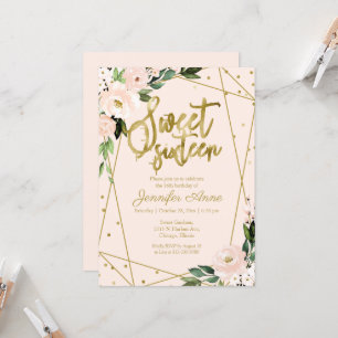Uitnodiging Sweet 16 Goud Folie Roze Blush Bloemen