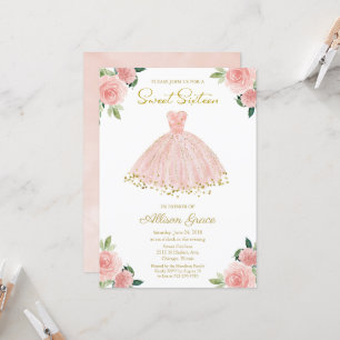 Uitnodiging Sweet 16 Goud Folie Roze Blush Jurk