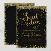 Uitnodiging Sweet Sixteen Zwart en namaigoud glitt (Voorkant / Achterkant)
