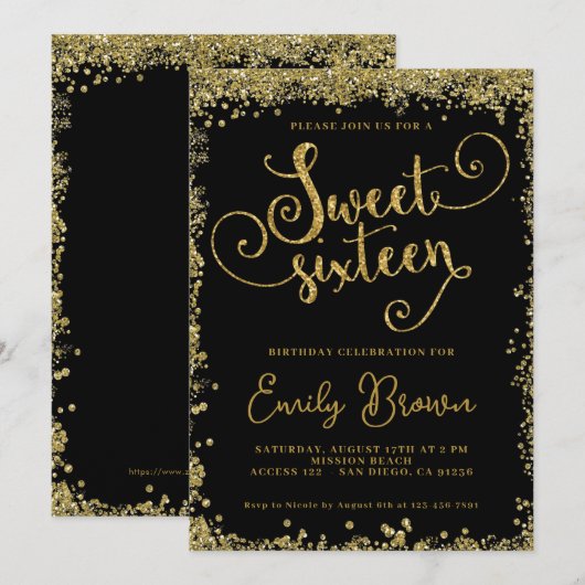 Uitnodiging Sweet Sixteen Zwart en namaigoud glitt (Voorkant / Achterkant)