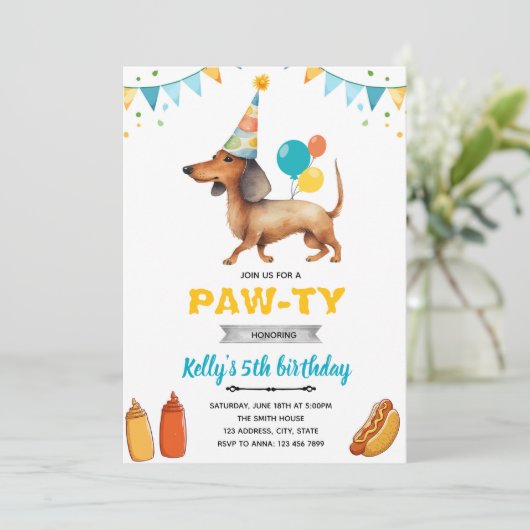 Uitnodiging Teckel hotdog party (Staand voorkant)