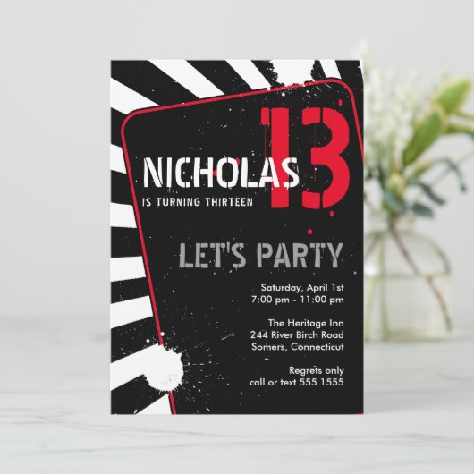 Uitnodiging Teen Boy Party | Zwart, wit en rood (Staand voorkant)