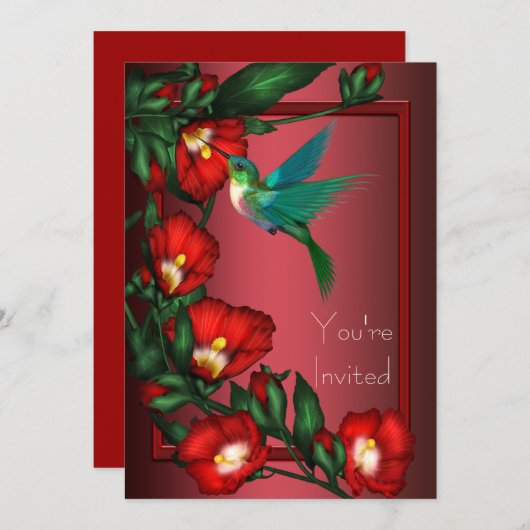 Uitnodiging template Rode Hibiscus Kolibrie (Voorkant / Achterkant)