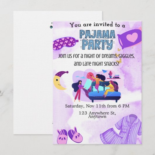 Uitnodiging template voor pyjamaparty (Voorkant / Achterkant)