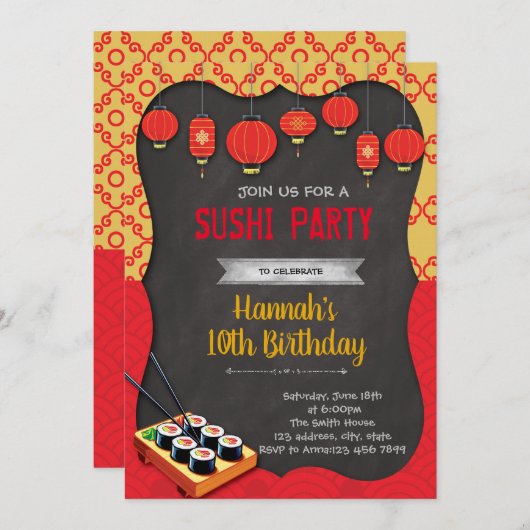 Uitnodiging themagepartij Sushi (Voorkant / Achterkant)