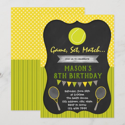 Uitnodiging themagepartij Tennis-verjaardag (Voorkant / Achterkant)