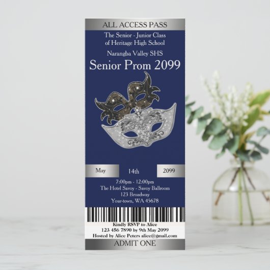 Uitnodiging Ticket Prom Trend, Masquerade, makkeli (Staand voorkant)