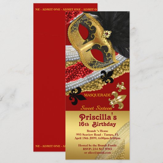 Uitnodiging Ticket stijl, Verjaardag Sweet Sixteen (Voorkant / Achterkant)