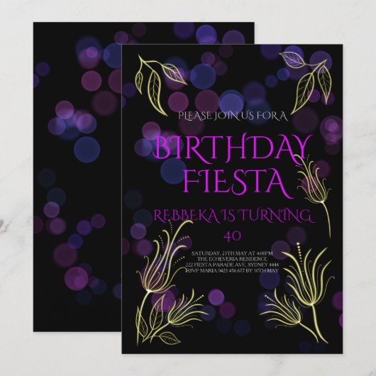 Uitnodiging tot 40e verjaardag met zwarte achtergr (Voorkant / Achterkant)