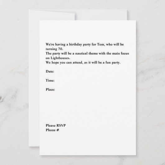 Uitnodiging tot 70e verjaardag van de Mannelijke P (Achterkant)