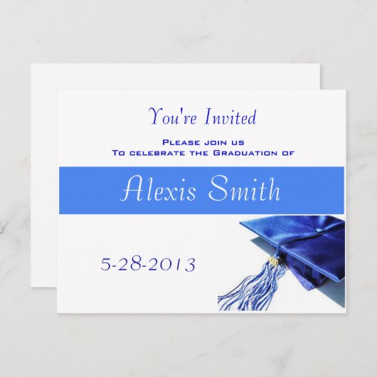 Uitnodiging tot afstuderen - Blauw Pet en Tassel (Voorkant / Achterkant)