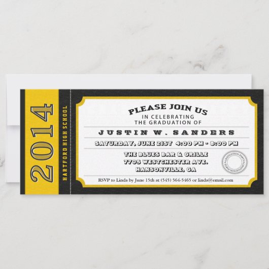 Uitnodiging tot Afstuderen in Black & Gold Ticket  (Voorkant)