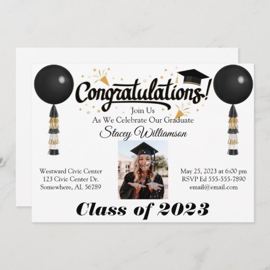 Uitnodiging tot afstuderen met Afbeelding en ballo (Voorkant / Achterkant)