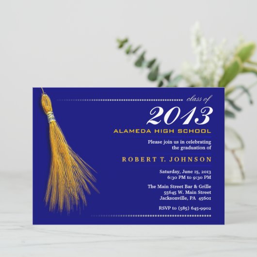 Uitnodiging tot afstuderen - Navy Blue & Gold Invi (Staand voorkant)