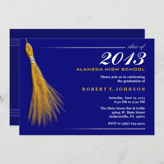 Uitnodiging tot afstuderen - Navy Blue & Gold Invi (Voorkant / Achterkant)