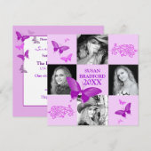 Uitnodiging tot afstuderen - Paarse butterflies - (Voorkant / Achterkant)