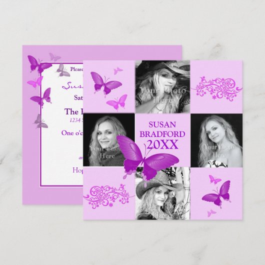 Uitnodiging tot afstuderen - Paarse butterflies - (Voorkant / Achterkant)