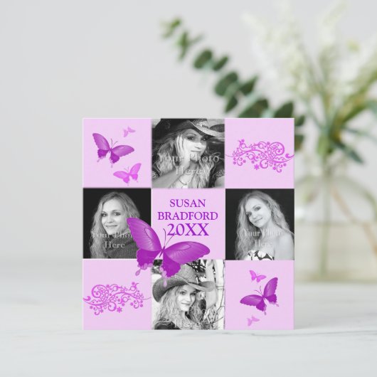 Uitnodiging tot afstuderen - Paarse butterflies - (Staand voorkant)