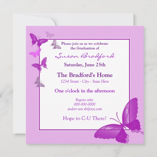 Uitnodiging tot afstuderen - Paarse butterflies - (Achterkant)